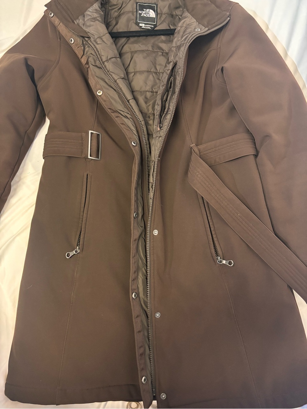 The North Face Women's Chocolate Brown Belted Hooded Winter Coat Size M